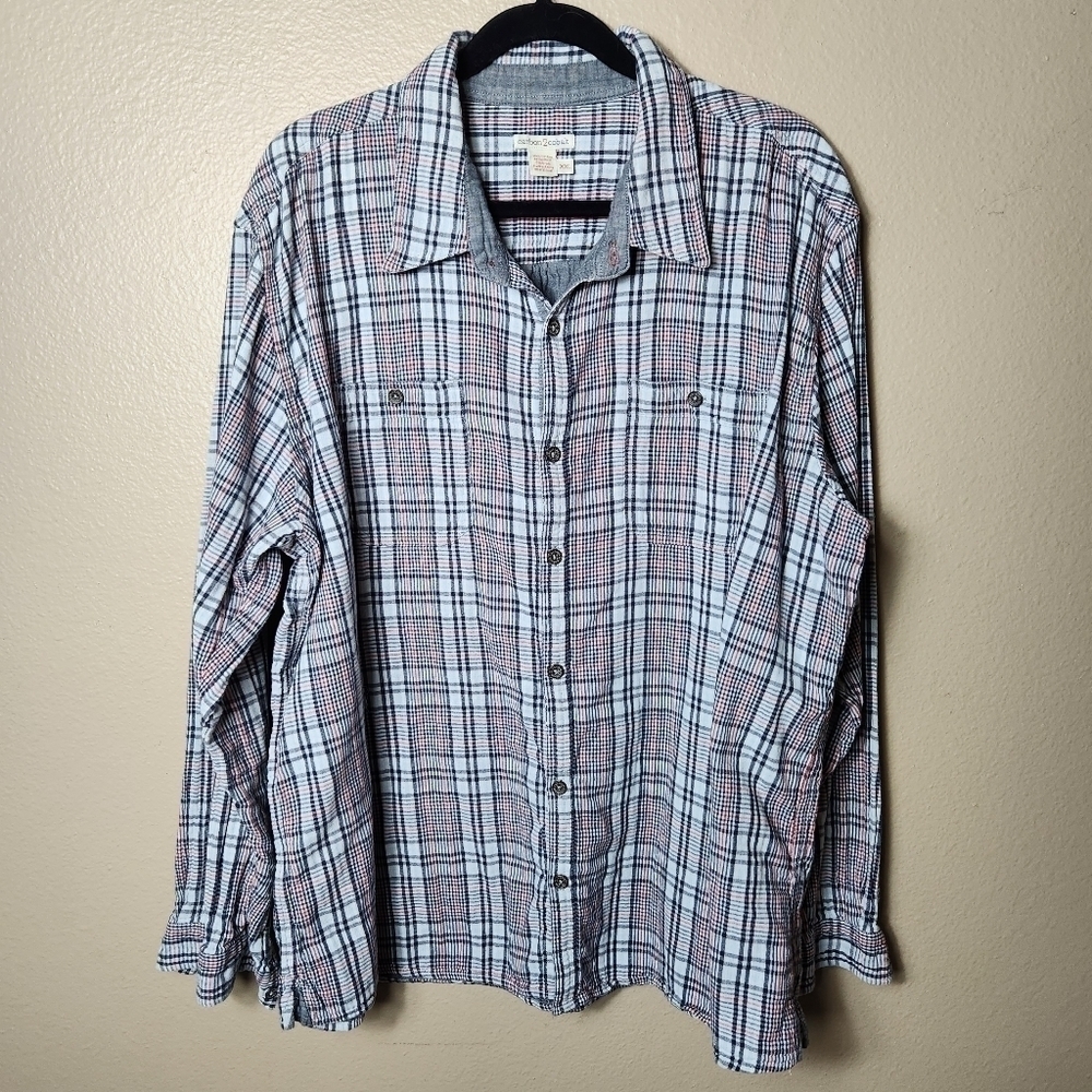 carbon2cobalt Mens Double Cloth Gray Plaid Buttonfront Cotton Shirt-Size XXL